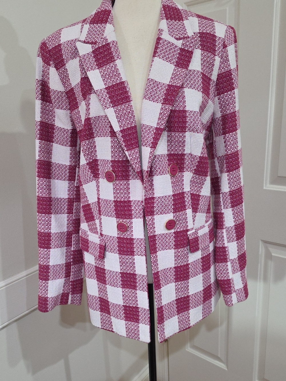 Liz Claiborne Pink & White Check Double-Breasted Tweed Blazer- Size 12